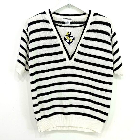 Alfred Dunner White Blue Stripe Anchor Embroidered Neck Retro Fisherman Sweater - Picture 1 of 14